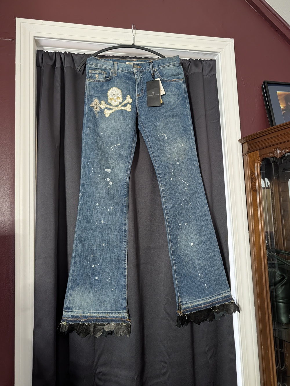 BILL WALL LEATHER BWL Blue Flare Custom 1/1 Leather Hem Rhinestone Skull Jeans